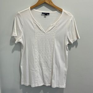Karen Scott White Eyelet Embroidered Split-Neck Short Sleeve Top Medium